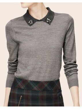 ANN TAYLOR LOFT Embellished Collar Sweater Gray Grey Jeweled Collared Preppy S